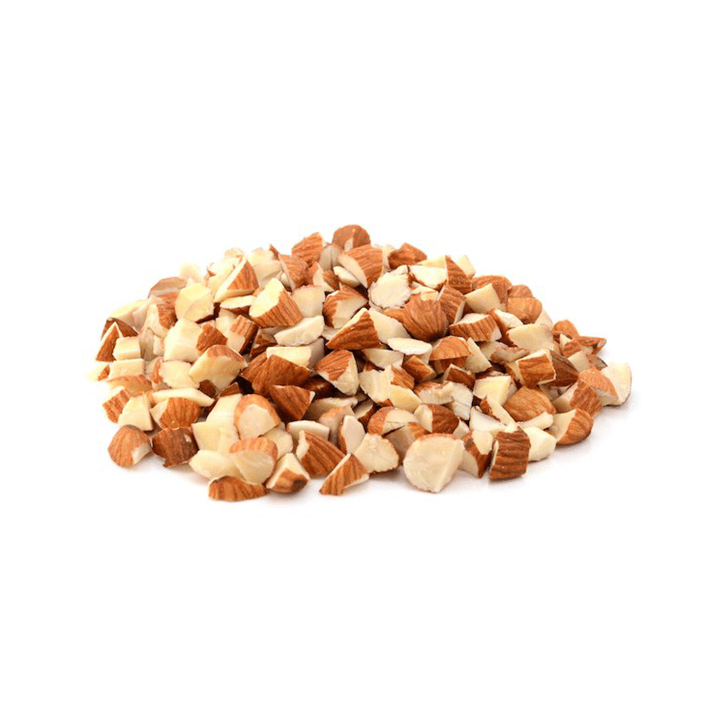 A pile of chopped almonds isolated on a white background.