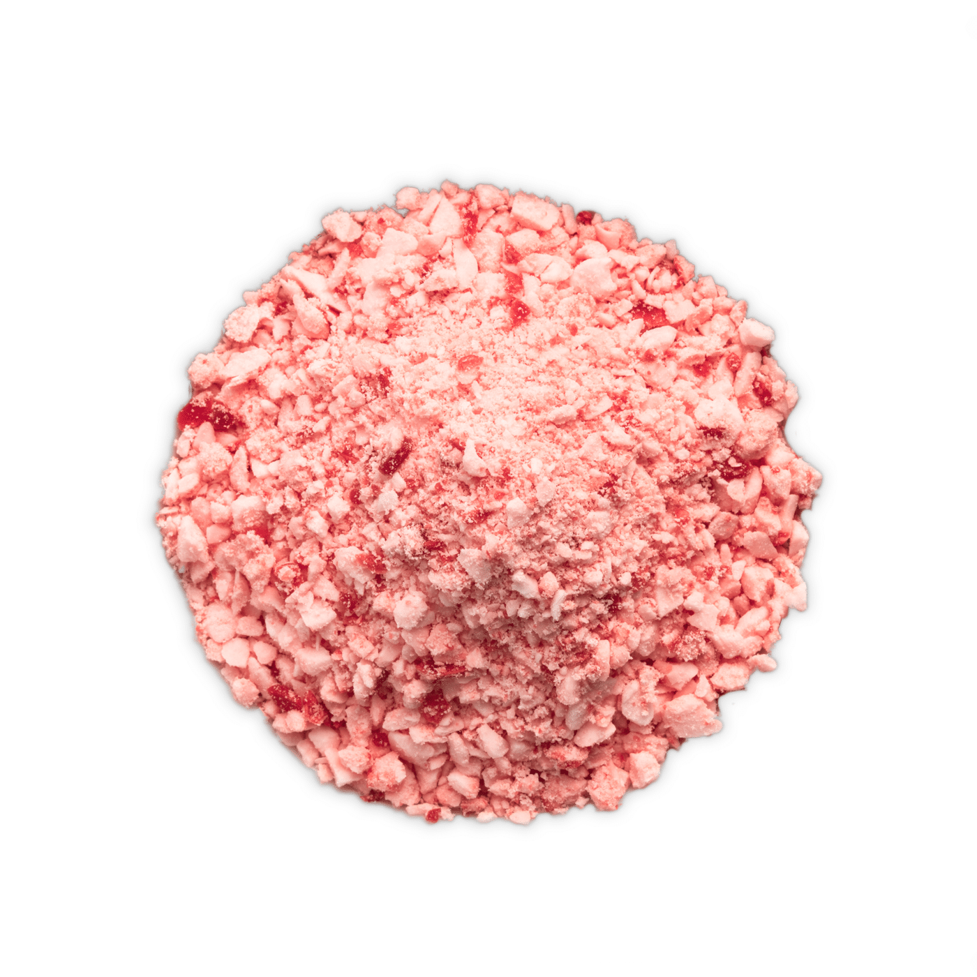 A pile of pink freeze-dried strawberry powder and crushed pieces isolated on a white background.