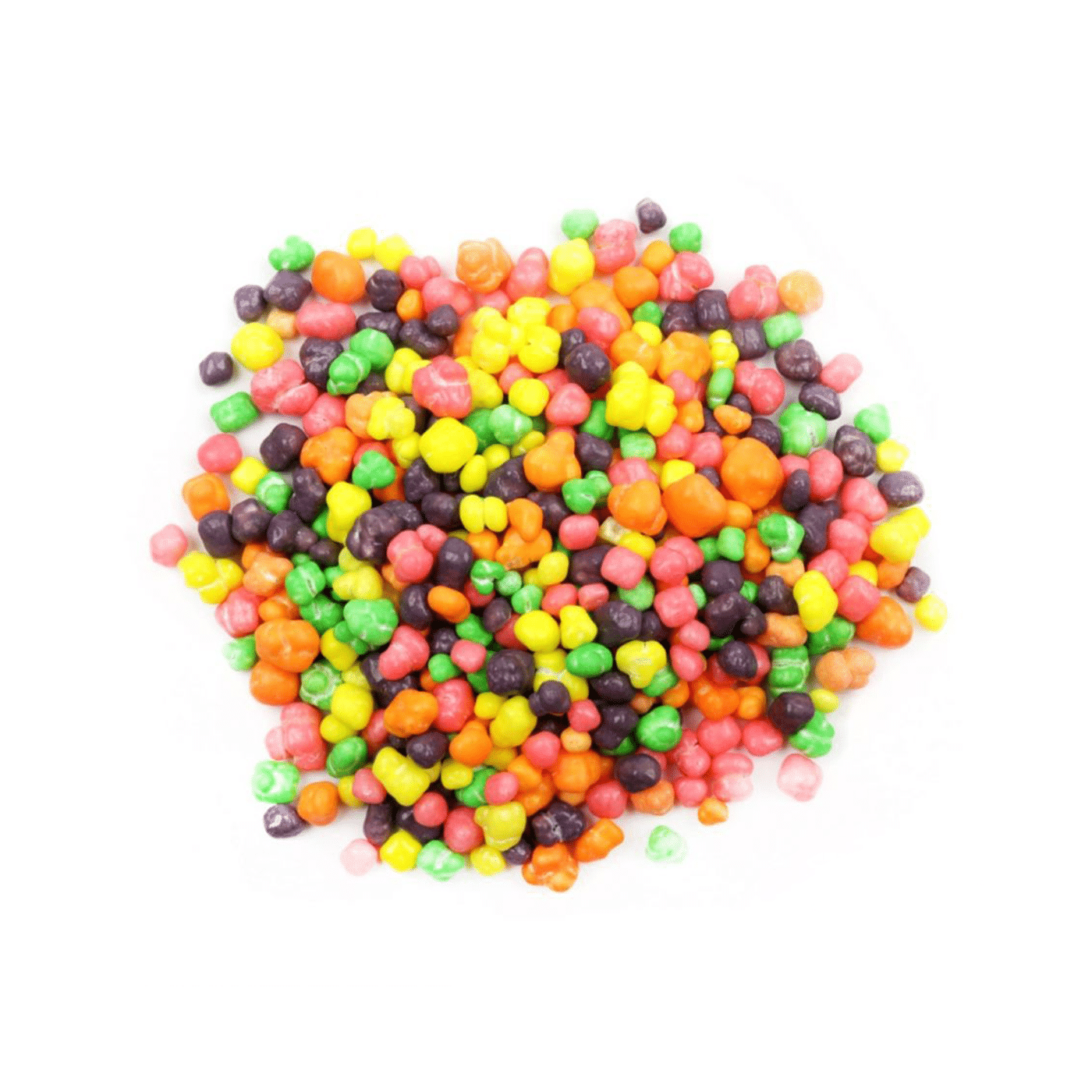 A pile of colorful, assorted candies scattered on a white background.