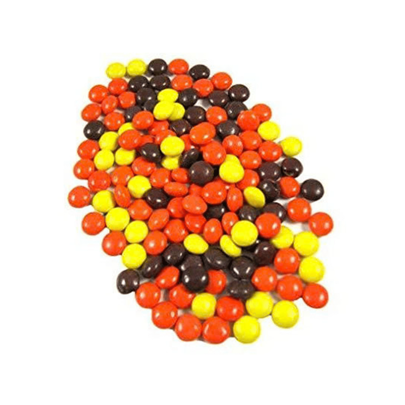 A pile of colorful candies in red, yellow, orange, and black, scattered on a white background.