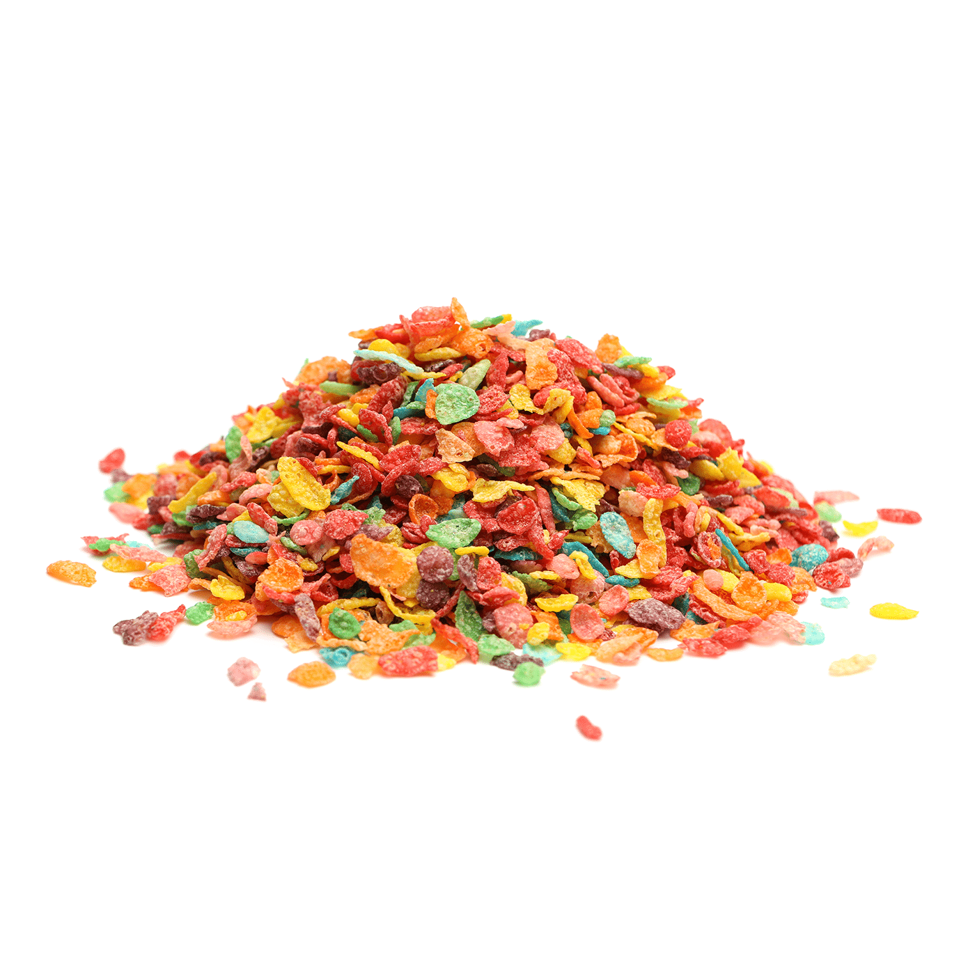 A pile of colorful, dried fruit bits isolated on a white background.