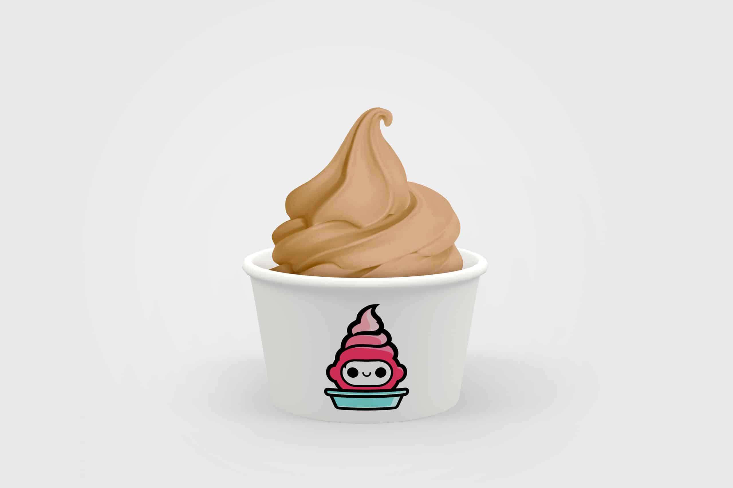 A swirl of soft serve chocolate ice cream in a white cup with a colorful cupcake logo.