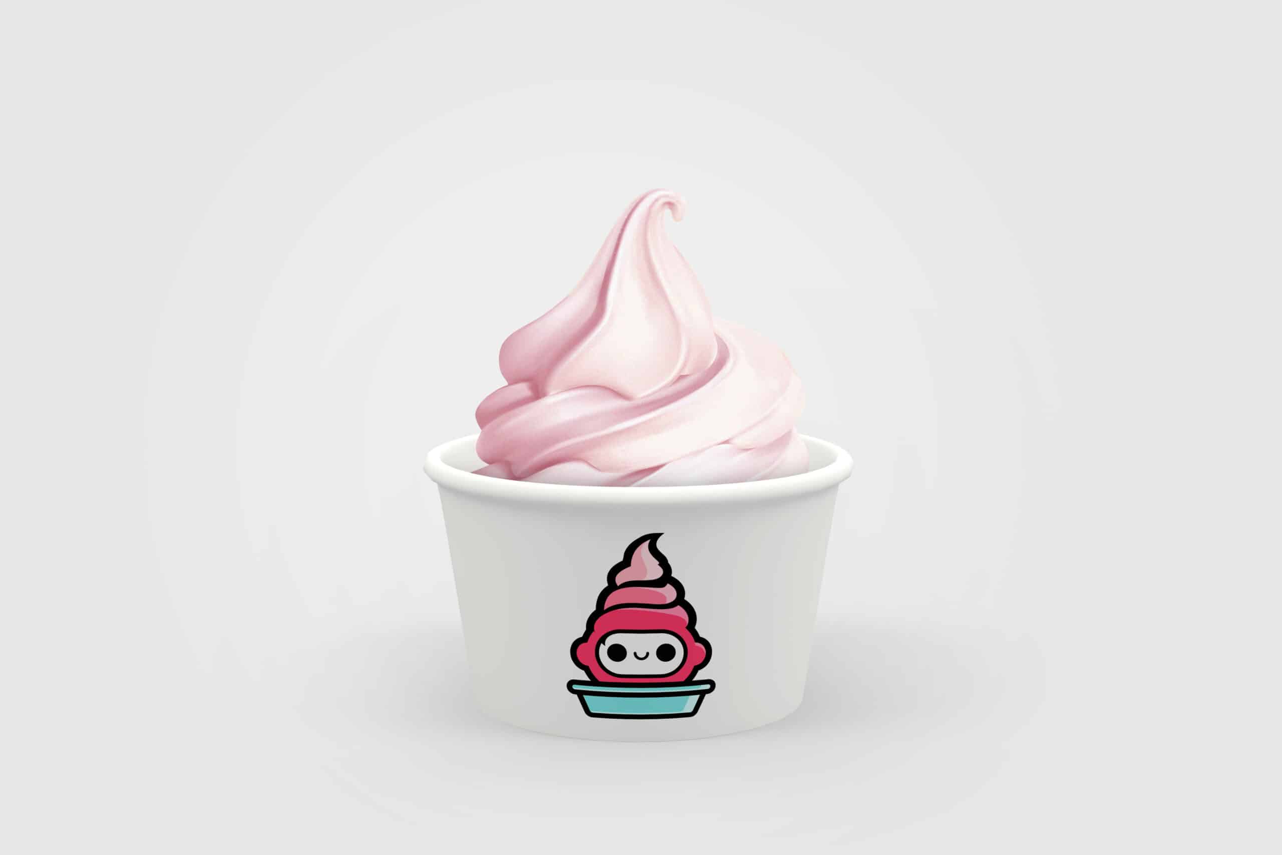 A swirl of pink soft serve ice cream in a white cup with a cute cartoon face logo.