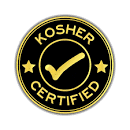 A circular "kosher certified" logo with a check mark, two stars, and black and gold colors.