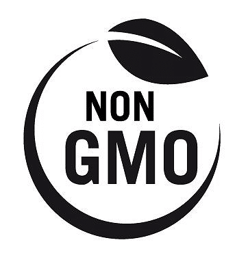 Black and white circular logo with a leaf symbol and text reading "non gmo.