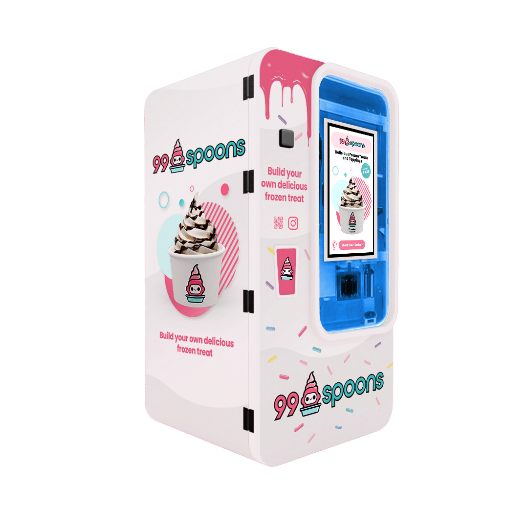 A promotional kiosk for "99 spoons," featuring images of a frozen yogurt machine and colorful graphics on a green background.